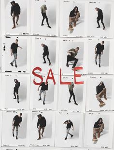 an advertisement for men's clothing is shown in many different styles and colors, including the word sale