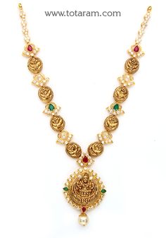 22 Karat Gold 'Lakshmi' Necklace with Cz, Color Stones & Japanese Culture Pearl (Temple Jewellery) - 235-GN4232 - in 18.650 Grams for USD $1473.09. 
Made in India by Totaram Jewelers Online this product is in Gold - 22 Karat BIS Hallmark 916 KDM Gold  & is an excellent gift for Adult - Women. Ships fully insured with secured guaranteed delivery for free with your order over $250 from New Jersey USA & comes with 30 days exchange policy. Pearl Temple Jewellery, 22k Gold Necklace, Temple Jewelry Necklace, Gold Temple Jewellery, Colour Stone, Color Stones, Gold Fashion Necklace, Bridal Gold Jewellery, Temple Jewellery