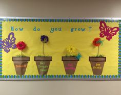 three flower pots with flowers in them and the words how do you grow? written on it