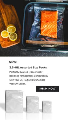 an open suitcase with salmon in it and lemon slices on the table next to it