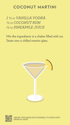 a poster with an image of a drink in the bottom right hand corner, and text that reads coconut martini 1 / 4 or vanilla vodka pineapple juice