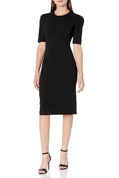 Donna Morgan D7480M - Short Sleeve Sheath Dress Fitted Sleek Sheath Midi Dress, Sleek Fitted Sheath Midi Dress, Chic Fitted Seamed Midi Dress, Classic Fitted Sheath Midi Dress, Chic Fitted Seamed Dress, Elegant Office Dresses With Stretch, Fitted Solid Color Elastane Midi Dress, Fitted Sheath Midi Dress Lined, Sleek Structured Fitted Dress