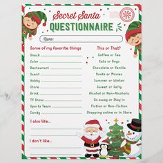 a printable christmas question card with santa and snowman on it, sitting on top of a marble surface