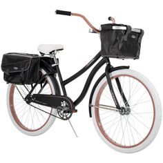 a black bicycle with a bag on the back