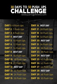 the 30 days to push up challenge is shown in black and white with yellow lettering