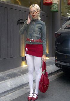 Korean Preppy, Cute Core, Tights Outfits, Uniform Outfits, Red Tights, White Tights, Tights Outfit, Fashion Fits, Ootd Outfit