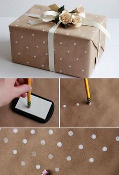 a gift wrapped in brown paper with white polka dots and a pencil sticking out of it