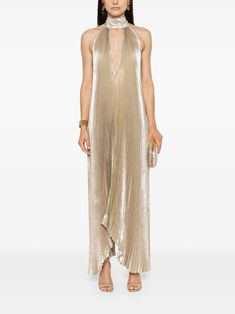 L'IDÉE Opera Metallic Plissé Maxi Dress - Farfetch Zimmermann Dress, Wardrobe Edit, Yoko London, Dress Gold, Exclusive Fashion, Gold Dress, Long Length, Luxury Boutique, Front Open