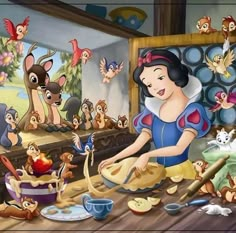 snow white and the seven dwarfs are making pies in front of many other cartoon characters