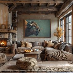 a living room filled with furniture and a fire place next to a painting on the wall