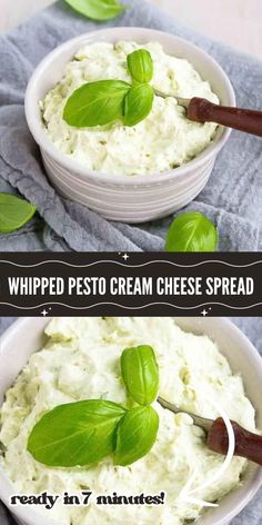 two bowls filled with whipped cream and basil leaves