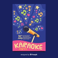 karaoke party poster with microphone and musical notes in the background free psd file