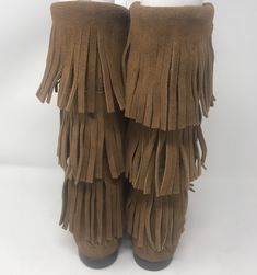 "Good vintage condition/smoke free home/these are pull on boots/12\" in height/No issues/" Bohemian Suede Boots With Tassels, Bohemian Brown Suede Boots, Bohemian Suede Boots With Fringe, Bohemian Suede Fringe Boots, Bohemian Style Fringe Suede Boots, Bohemian Suede Winter Boots, Bohemian Winter Suede Boots, Brown Bohemian Moccasins For Fall, Bohemian Brown Moccasins For Fall