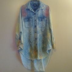 Women's Size 1x, Distressed Holes, Tie Dye Color Splashes, Raw Hem, Button Down, Shirt Dress. Never Worn, Brand New Condition. Summer Distressed Button-up Denim Top, Summer Distressed Denim Button-up Top, Distressed Button-up Denim Top For Summer, Distressed Button-up Denim Top, Blue Distressed Button-up Denim Top, Floral Tea Length Dress, Floral Dress Outfits, Womens Denim Dress, Streetwear Grunge