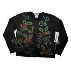 Timberlea Vintage Holiday Cardigan Sweater. Button Down Front. Sweater Is A Black Back Background With Swirls Of Green Holly Leaves And Red, Holly Berries On The Front And Sleeve Cuffs. The Holly Berries Have Dark Red Beads As Well. The Green Yarn On The Front Is A Different Yarn So It Gives The Holly Design A Bit Of Texture And Visual Interest. This Sweater Is Gorgeous And A Classy Look To Any Holiday Or Christmas Gatherings. Back Of Sweater Is Solid Black. 100% Cotton And Wash Cold, Lay Flat T Fitted Holiday Cardigan, Fitted Long Sleeve Holiday Cardigan, Black Holiday Sweater For Winter, Festive Black Winter Outerwear, Black Festive Winter Outerwear, Fitted Winter Cardigan For Festive Occasions, Black Winter Festive Outerwear, Fitted Cardigan For Festive Fall Season, Fitted Fall Cardigan For Festive Occasions