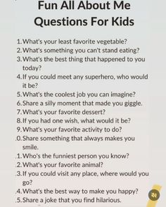 a question card with the words fun all about me questions for kids written in it