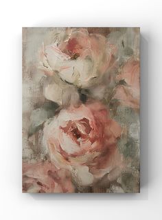 an oil painting of pink roses on a white background with green leaves in the foreground