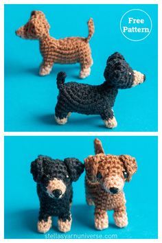 crocheted miniature dogs are shown in three different pictures, one is black and the other is brown