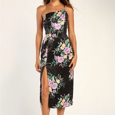 Lulus Keepin' It Chic Black Floral Print Satin One-Shoulder Midi Dress Stays In Style! This Dress Is Composed Sleek And Elegant Woven Satin That Boasts A Bright Purple, Yellow, And Green Floral Print Throughout, That Shapes A Princess-Seamed Bodice, A One-Shoulder Neckline, And An Adjustable Spaghetti Straps. A High, Fitted Waist Tops A Figure-Skimming Column Skirt That Ends At A Midi Hem With A Flirty Side Slit. Hidden Back Zipper/Clasp. Shell: 100% Polyester. Lining: 100% Polyester. Hand Wash Long Blue Maxi Dress, Lulus Floral Dress, Lulus Maxi Dress, Long Sleeve Turtleneck Dress, Long Sleeve Skater Dress, Column Skirt, One Shoulder Midi Dress, Mesh Bodycon Dress, Women Bodycon Dress