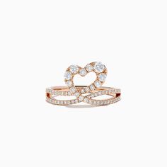 Effy Pave Rose 14K Gold Diamond Heart Ring, 0.66 TCW Rose Gold Diamond Ring For Valentine's Day, Elegant Rose Gold Heart-shaped Diamond Ring, 14k Rose Gold Diamond Ring For Valentine's Day, Rose Gold Heart Ring With Brilliant Cut Fine Jewelry, Rose Gold Heart Ring With Brilliant Cut, Elegant Double Heart Rose Gold Ring, Elegant Rose Gold Double Heart Rings, Diamond Finger Ring, Rose Stone