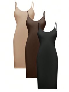 Solid Color Casual Spaghetti Strap Dress Multicolor Casual  Sleeveless Knitted Fabric Plain Cami Slight Stretch  Women Clothing, size features are:Bust: ,Length: ,Sleeve Length: Cheap Bodycon Cami Mini Dress, Cheap Flirty Sleeveless Bodycon Dress, Brown Slip Dress With Spaghetti Straps, Seamless Cami Bodycon Dress, Seamless Bodycon Cami Dress, Seamless Sleeveless Bodycon Slip Dress, Seamless Bodycon Sleeveless Slip Dress, Beige Stretch Dress With Spaghetti Straps, Fitted Beige Camisole Dress