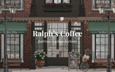 an image of a coffee shop with flowers in the window and bicycle parked on the sidewalk