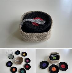 crocheted baskets and buttons are shown in three different pictures, including one with an arrow