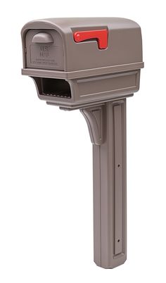 a gray mailbox with a red light on the top and bottom part of it