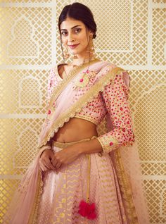 Editor's Note This set features a gota and thread embroidered pink chanderi embroidered lehenga with blouse and dupatta. Color: Light Pink Fabric: Silk And Chenderi Brocade Embroidery Details: Gota And Thread Care: Dry Clean Only Customize Your Outfit Can't find the size you're looking for? No stress. Just select the size "Custom" while adding the item to your cart. We will follow up with you for your body measurements. To request a color or design customizations, please contact our customer car Plain Lehenga, Chanderi Lehenga, Brocade Embroidery, Lehenga With Blouse, Brocade Lehenga, Light Pink Fabric, Blouse Yoke, Scallop Border, Embroidered Lehenga