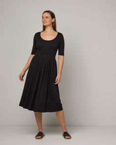 Sylvie Merino Wool Fit & Flare Dress - Black Capsule Wardrobe Dresses, Flattering Dress, Flattering Dresses, Dress Silhouette, Midi Maxi Dress, Elbow Length Sleeve, Fit N Flare Dress, Cardigan Tops, Full Skirt