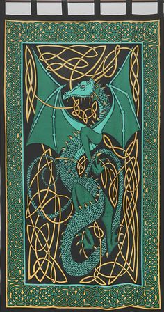 an image of a green and gold dragon with celtic designs on the front, black background