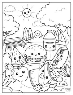 a coloring page with cartoon characters in the background, including hamburgers and watermelon