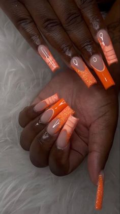 Orange Nails French Tip, Orange Prom Nails, French Tip Ideas, Orange French Tip, Orange Acrylic Nails, Nails Orange, French Tip Design, Orange Nail, Fake Nails Long