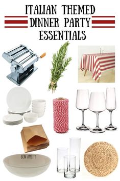 italian themed dinner party essentials including plates, napkins, glasses and utensils