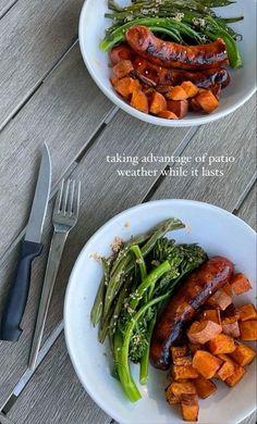 two plates with sausages, broccoli and sweet potatoes on them sitting next to each other