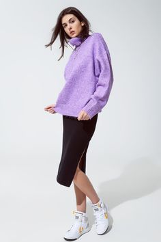 Our Cozy Purple Turtleneck Sweater is a stylish and comfortable addition to your wardrobe, ideal for everyday wear and keeping you warm during the cooler months. Trendy Purple Hue: The sweater comes in a beautiful shade of purple, a trendy and versatile color that adds a touch of elegance to your daily outfits. Luxurious Fabric Blend: Made from a blend of 51% Acrylic, 46% Polyester, and 3% Wool, this sweater is incredibly soft and comfortable, perfect for all-day wear. Classic Turtleneck Design: Trendy Spring Polo Sweater, Purple Sweater With Ribbed Cuffs For Spring, Lavender Knit Sweater For Fall, Cozy Spring Turtleneck, Chic Purple Sweater For Fall, Heather Winter Sweater For Loungewear, Cozy Lavender Sweater For Fall, Heather Winter Loungewear Sweater, Cozy Lavender Fall Sweater