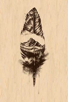 a drawing of a leaf with mountains and trees in the background on a piece of wood