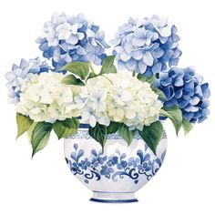 blue and white flowers in a vase with green leaves on the stems, watercolor painting