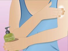 a woman is holding her hand on the arm with a lotion bottle in front of her