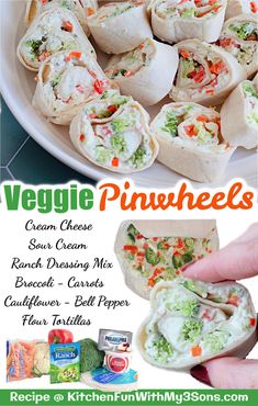 an advertisement for veggie pinwheels on a white plate with broccoli and carrots