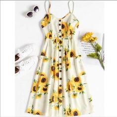 Sunflower Print Dress With Button Details And Two Front Pockets, Nwt. Cotton, Spandex. Floral Print Dress Summer, Sundress Dress, Print Midi Dress, Sunflower Print, Printed Midi Dress, Types Of Dresses, Boho Floral, Looks Vintage, Outfits Casuales