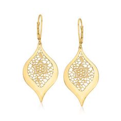 Ross-Simons - Italian 14kt Yellow Gold Openwork Floral Lace Teardrop Earrings. Finely crafted by skilled Italian artisans, these elegant teardrop earrings boast intricate openwork floral designs that mimic the lovely look of lace. Satin and polished finish. Hanging length is 1 7/8". Leverback, 14kt yellow gold openwork floral lace teardrop earrings. Elegant Filigree Teardrop Pendant Jewelry, Elegant Briolette Teardrop Earrings, Elegant Yellow Gold Teardrop Earrings For Anniversary, Elegant Teardrop Earrings With French Hook, Elegant Formal Teardrop Earrings With French Hook, Elegant Pierced Teardrop Dangle Earrings, Elegant Teardrop Dangle Earrings, Teardrop Filigree Earrings For Formal Occasions, Formal Teardrop Earrings With Intricate Design