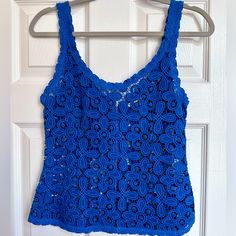 Brand New! Really Pretty Cobalt Blue. Gorgeous Crochet/Lace Detail. Zipper In Back. Size M. Perfect For Under A Blazer Or Worn Alone. Blue Lace Crochet Top For Summer, Blue Crochet Lace Top, Blue Lace Crochet Top, Chic Fitted Blue Crochet Top, Blue Lace Sleeveless Tops, Sleeveless Blue Lace Tops, Summer Sleeveless Blue Crochet Top, Blue Lace, Cobalt Blue