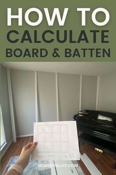 a person holding up a sheet of paper with the words how to calculate board and batten on it