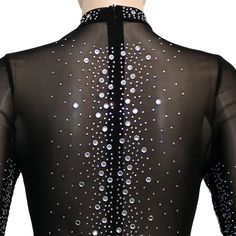 Black Mesh Rhinestone Long Sleeve Jumpsuit Sparkling Fitted Top For Club, Fitted Black Sequin Bodysuit, Fitted Black Bodysuit With Sequins, Fitted Black Top With Rhinestones, Fitted Long Sleeve Embellished Bodysuit, Fitted Tops With Rhinestone Fringe For Club, Glamorous Embellished Black Bodysuit, Glamorous Fitted Bodysuit With Rhinestones, Fitted Sparkling Black Tops