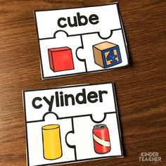 two matching puzzles with the words cube and cylinder