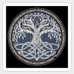 a blue and gold celtic tree of life design on a black background with white border