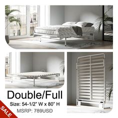 double / full size bed with white slats in the middle and side rails on each side