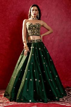 Emerald green lehenga with bead, sequin, nakshi, zari, thread, mirror embroidery. Paired with sweetheart neck embroidered corset and mirror work choker dupatta. - Aza Fashions Bridal Crop Top, Emerald Green Blouse, Kaftan Kurta, Prince Coat, Gold Lehenga, Kurta Lehenga, Waistcoat Woman, Lehenga Suit, Lehenga Saree