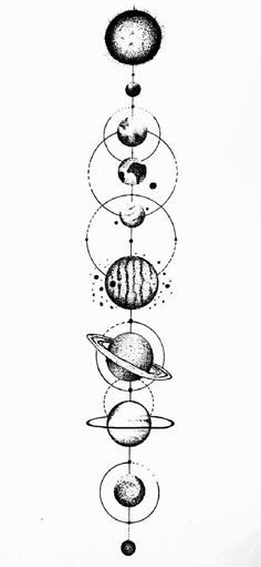 a drawing of the solar system in black and white